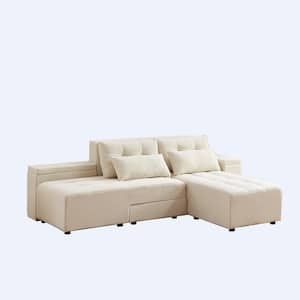 94 in. Beige Corduroy  Fabric Twin Size Convertible 3 in 1 Sofa Bed with 4-Storage Space