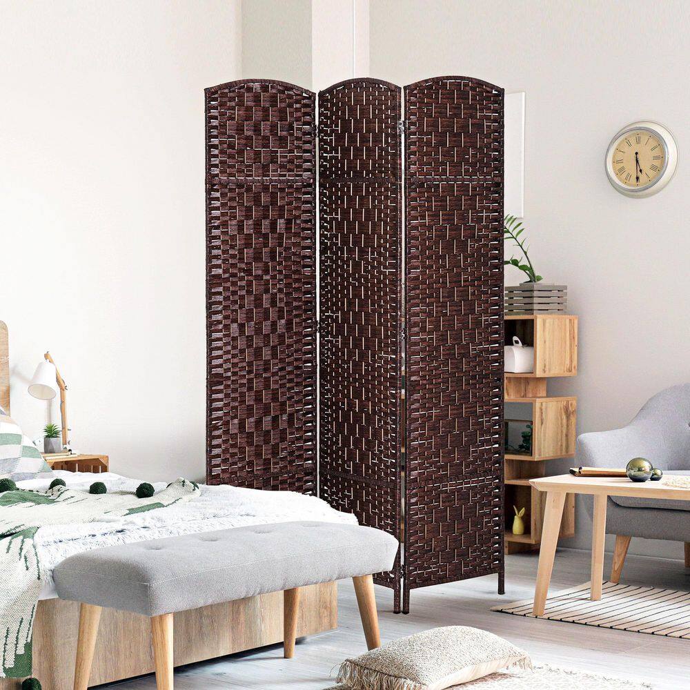 HOMCOM 6 ft. Brown Tall Wicker Weave 3-Panel Room Divider Privacy