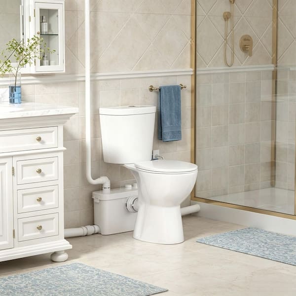 2 piece 19 in. Extra Tall 0.8/1.28 GPF Dual Flush Round Macerating Toilet in White, w/ 500w Macerator Pump For Basement