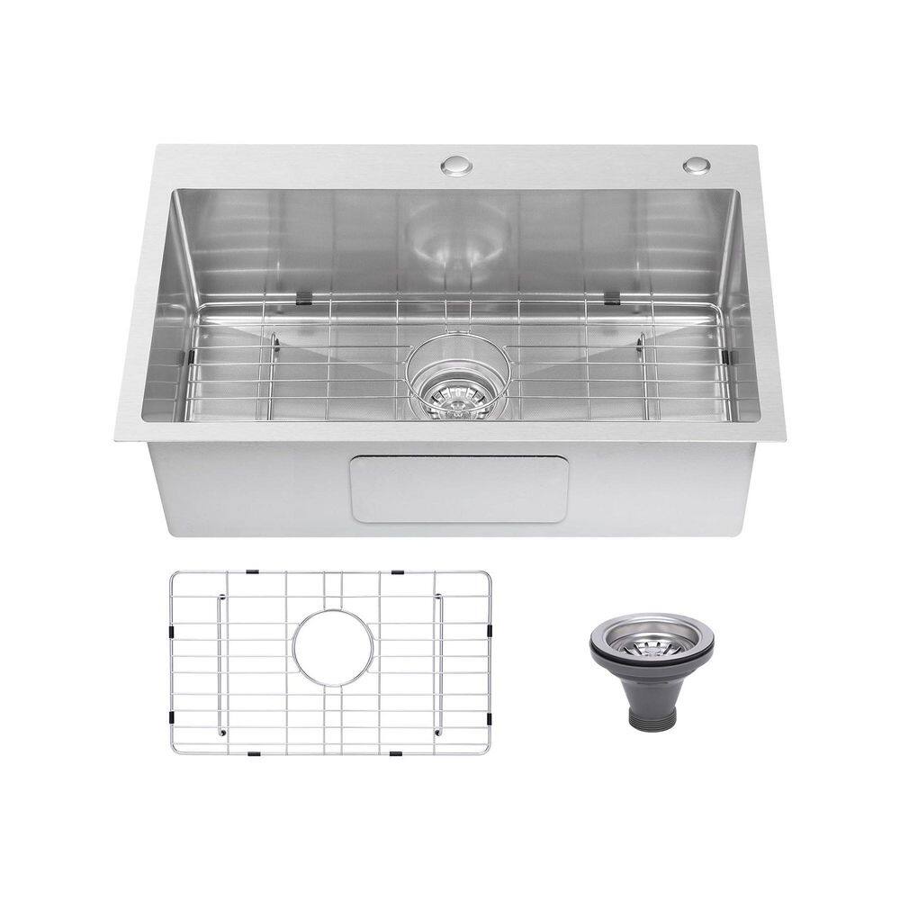 33 in. Drop-In Single Bowl 18 Gauge Sliver Stainless Steel Kitchen Sink with Grids and Basket Strainer