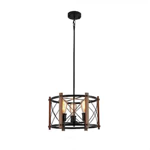 3-Light Black Retro Industrial Farmhouse Cage Pendant Light with Wooden Shade