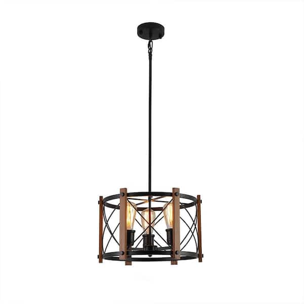 OUKANING 3-Light Black Retro Industrial Farmhouse Cage Pendant Light with Wooden Shade