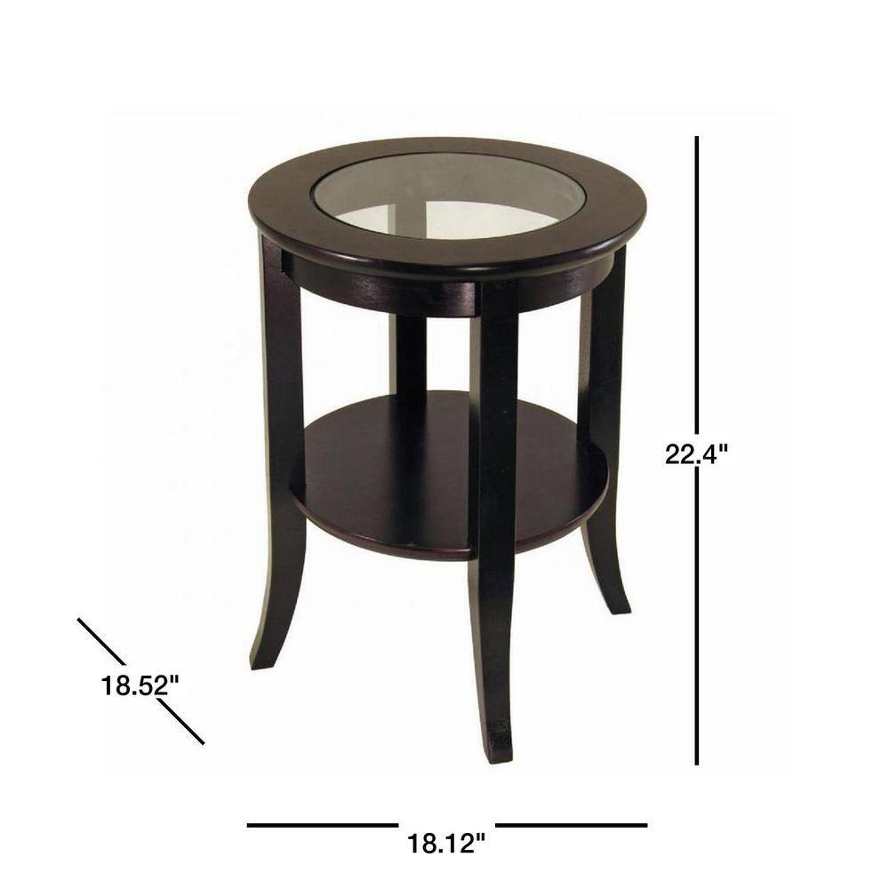 Espresso Round Wood and Glass Side Table with Shelf