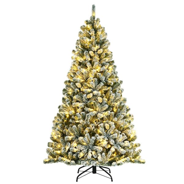 Costway 6 ft. Pre-Lit Snow Flocked Hinged Artificial Christmas Tree with 928 Tips and Metal Stand