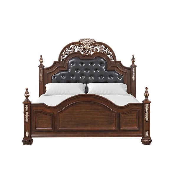 Lyon Cherry Wood Frame Faux Leather Upholstered King Panel Bed