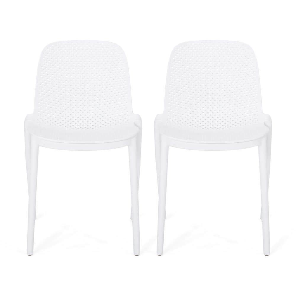 White Plastic Armless Stackable Dining Chairs, Set of 2