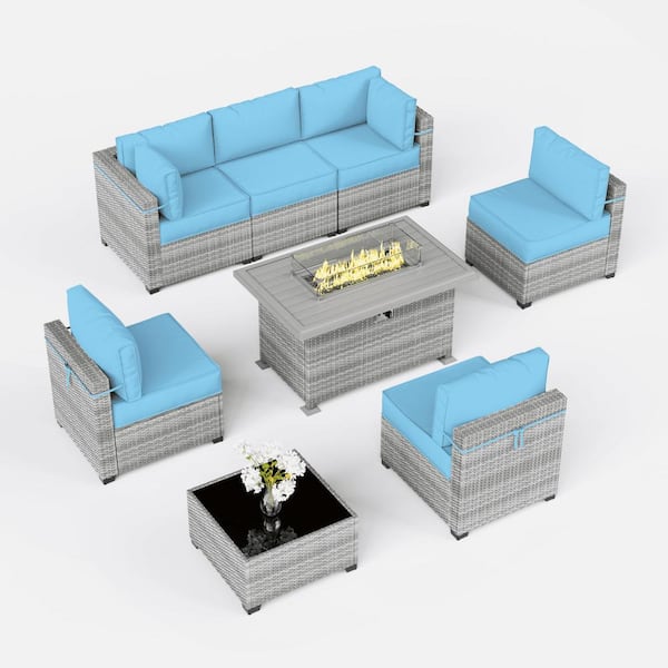 Kimunuk 8-Piece Wicker Outdoor Patio Sectional Conversation Set with Cushions and Fire Pit Table Sky Blue