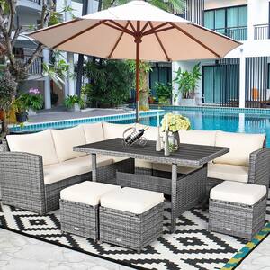 7-Pieces Wicker Patio Conversation Sectional Seating Set with White Cushions