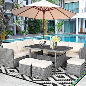 7-Pieces Wicker Patio Conversation Sectional Seating Set with White Cushions
