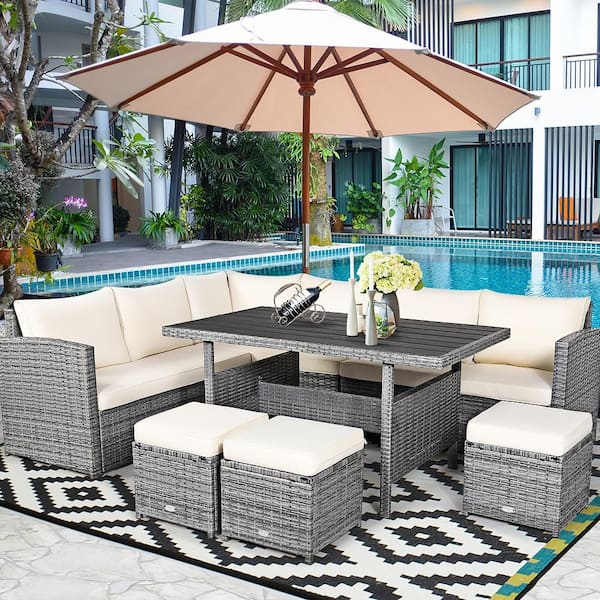 7-Pieces Wicker Patio Conversation Sectional Seating Set with White Cushions