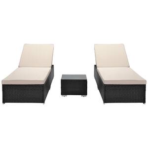 3-Piece Adjustable PE Rattan Wicker Patio Outdoor Chaise Lounge Set with White Cushions and Side Table