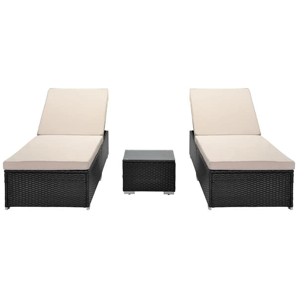 Afoxsos 3-Piece Adjustable PE Rattan Wicker Patio Outdoor Chaise Lounge Set with White Cushions and Side Table