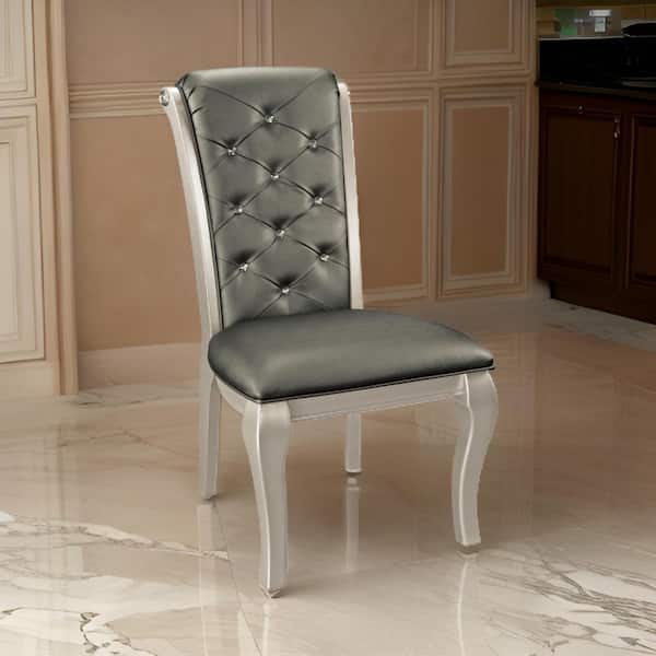 Benjara Silver Leather Side Chair with Crystal Button Tufted Back ( Set of 2)
