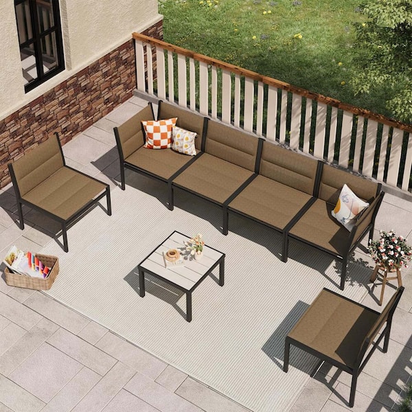 Zeus & Ruta 7-Piece Black Aluminum Outdoor Patio Conversation Set with 1-Square Coffee Table in Brown