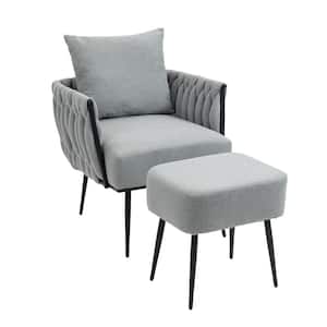 Grey Linen Upholstered Accent Armchair and Ottoman Set of 2-Hand Weaving Leisure Chair with Metal Frame and Pillow