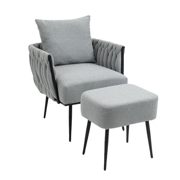 Unbranded Grey Linen Upholstered Accent Armchair and Ottoman Set of 2-Hand Weaving Leisure Chair with Metal Frame and Pillow