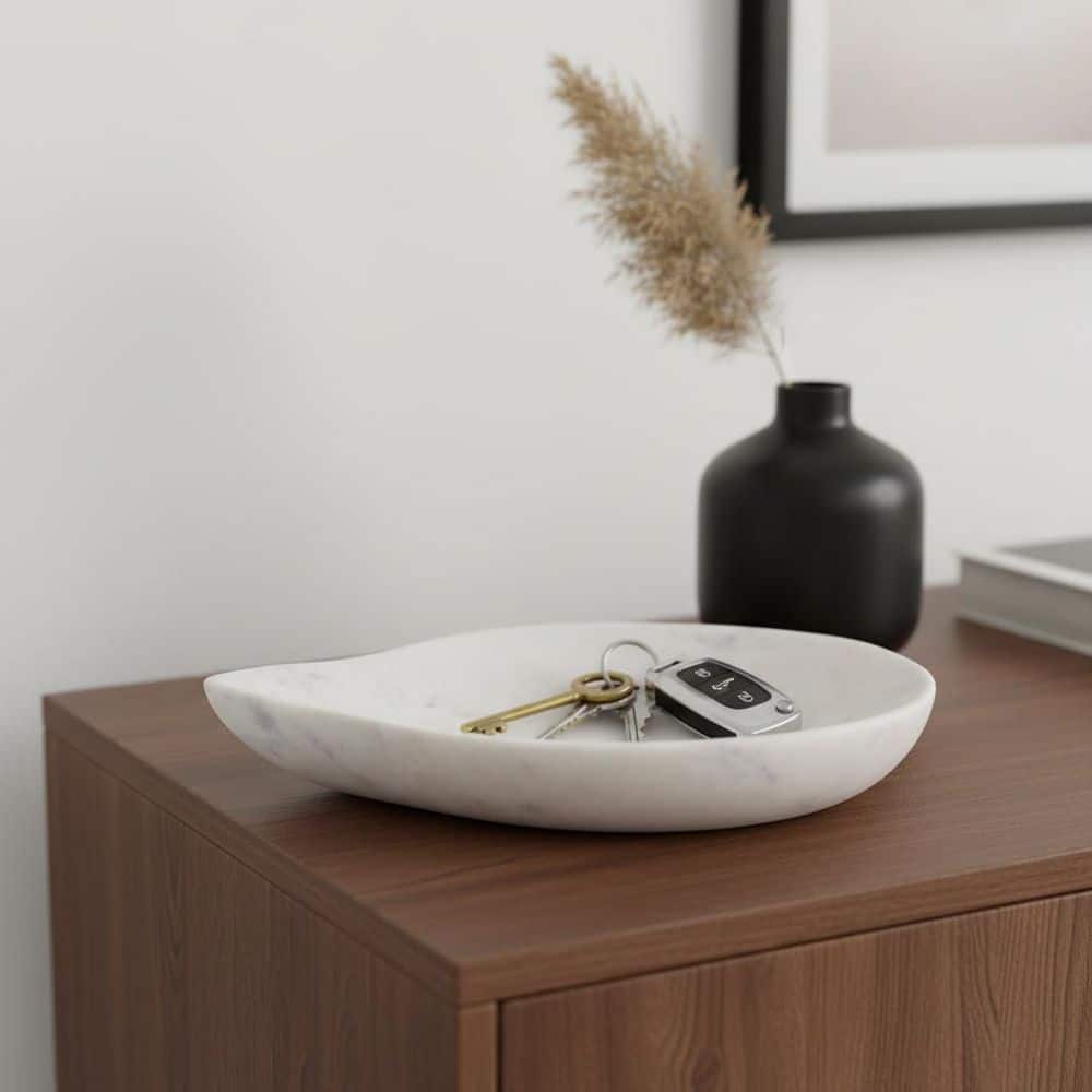 White Marble 9.75 in. Modern Accent Bowl in Teardrop Shape