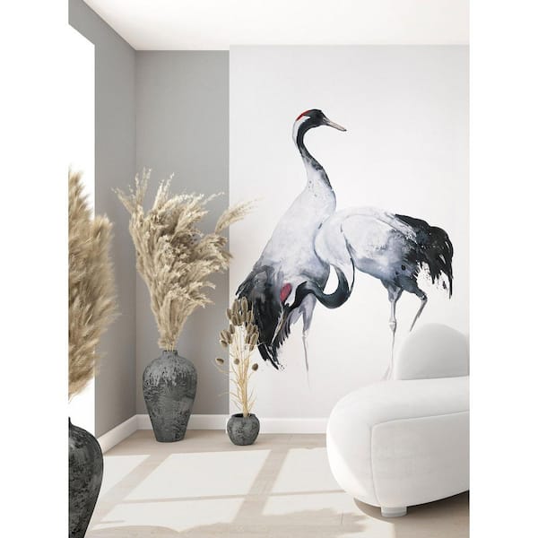 Kumano Collection White/Black Two Painted Crane 3-Panel Wall Mural 8.8 ft. H x 5.2 ft. W