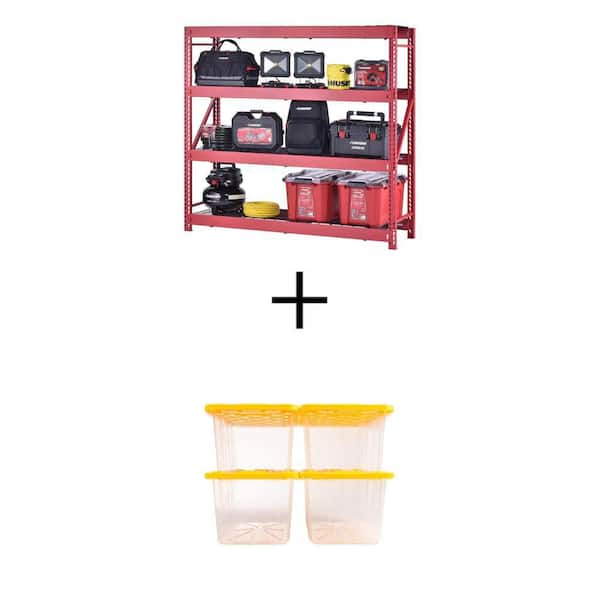 4-Tier Steel Garage Shelving (77 in.x72 in.x24 in.) with 27 Gal. Clear/Yellow Storage Tote Combo (4-Pack)