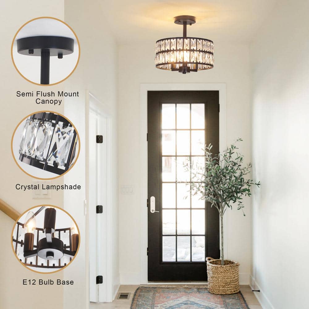 Black Metal and Crystal Drum Semi-Flush Mount Ceiling Light
