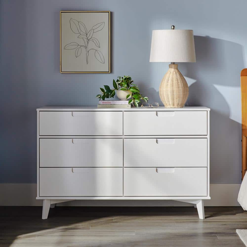 Sloane Mid-Century Modern White 6-Drawer 52 in. Solid Wood Dresser -  Walker Edison Furniture Company, HD9999