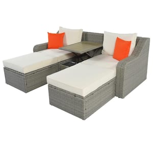 White and Gray 3-Piece All Weather Wicker Outdoor Sectional Sofa Lounger with Cushions and Built in Table