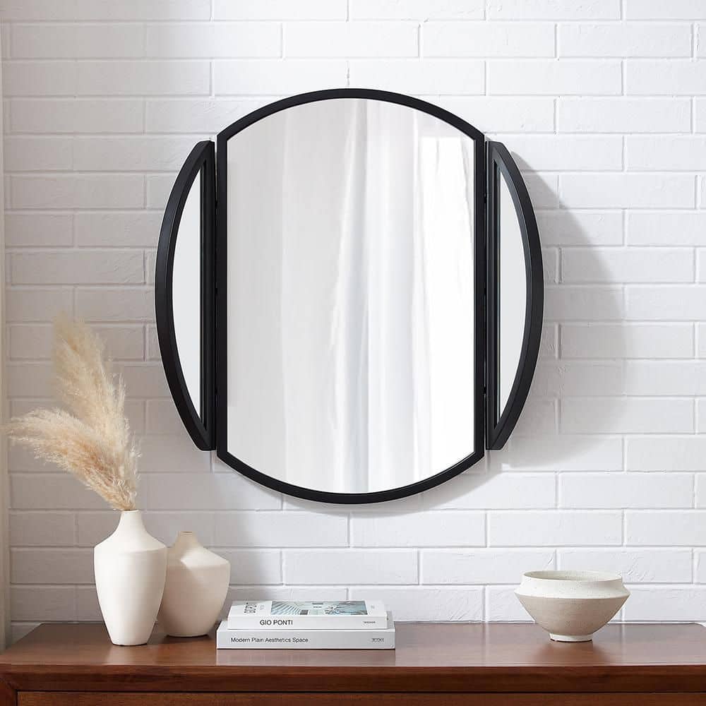 30" Black Metal Round Wall Mirror with Hinging Sides