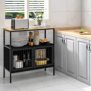 Kitchen Server Black Wood 31.5 in. Buffet Sideboard Storage Cabinet Cupboard with 2 Doors and Open Shelf
