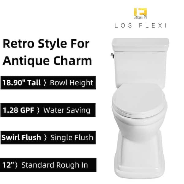 19 in. Elongated 1-Piece Toilet SwirlFlush Retro Design Tall Height Toilet White Soft-Close Seat 1.28GPF 12 in. Rough-in