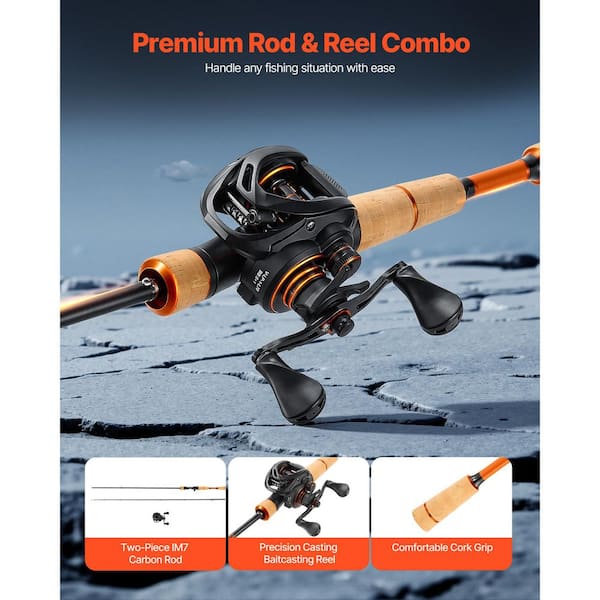 VEVOR Im7 Carbon Fiber Baitcasting Rod And Reel Combo Bass Fishing Pole 6+1 Bb 7.0:1 Gear Ratio Cork Handle Stainless Steel Guides With Ceramic Rings
