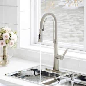 2-Spray Patterns Single Handle Pull Down Sprayer Kitchen Faucet with Deck Plate and Water Supply Hoses in Brushed Nickel
