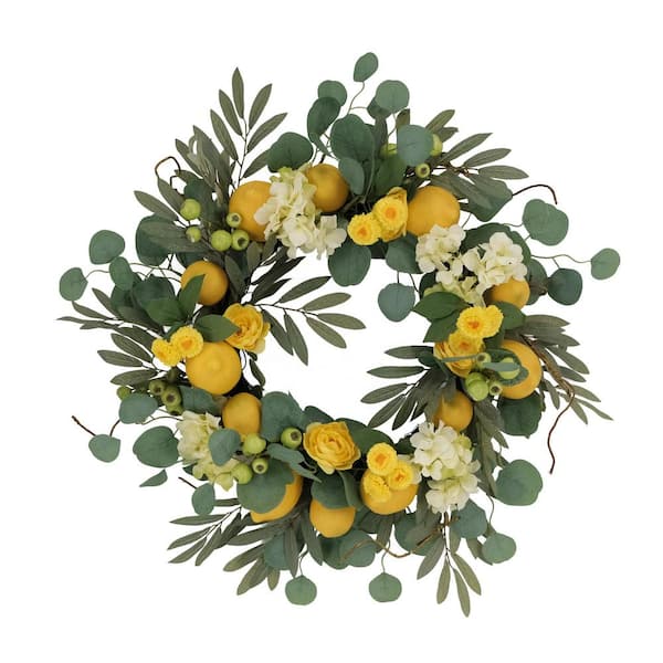 Puleo International 24 in. Artificial Lemon and Hydrangea Floral Spring Wreath