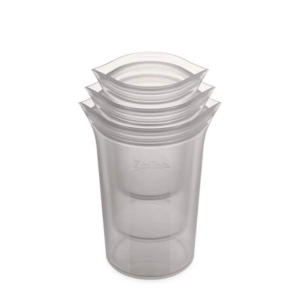 Zip Top Reusable Silicone 3-Piece Cup Set - Small 8 oz., Medium 16 oz., Large 24 oz. Zippered Storage Containers in Gray