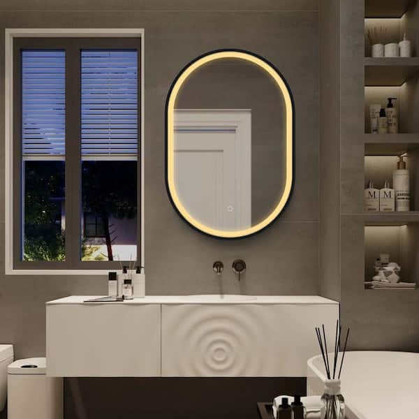 31 in. W x 21 in. H Oval Metal Medicine Cabinet with Mirror, Bathroom Storage Cabinet with Mirror, LED Lighted, 3 Color