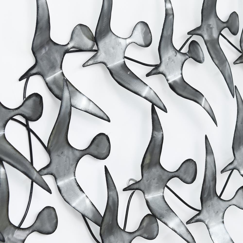Hand Painted Silver Metal Bird Wall Sculpture, 52" x 22.8"
