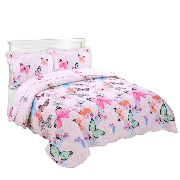MarCielo A72 Light Pink Butterfly Full Size Polyester Quilts Set Coverlet