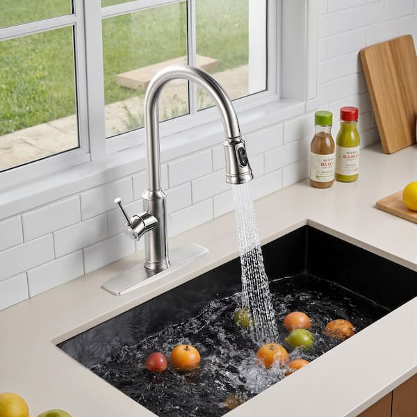 High Arc Single Handle Kitchen Faucet with Pull Down Sprayer in Brushed Nickel