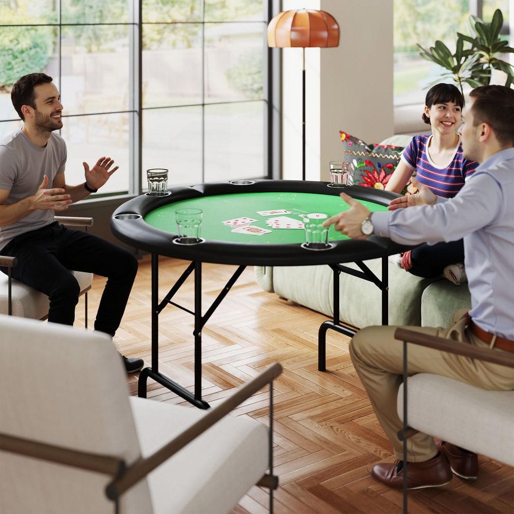 Foldable Round Black and Green Felt Poker Table for 8 Players