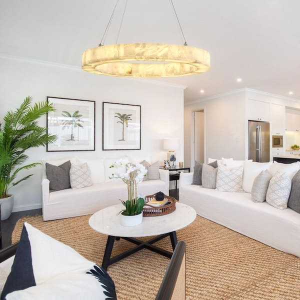 Modern Alabaster Chandelier 30 in. 1-Light Integrated LED White Round Chandelier for Living Room, Enterway, Foyer