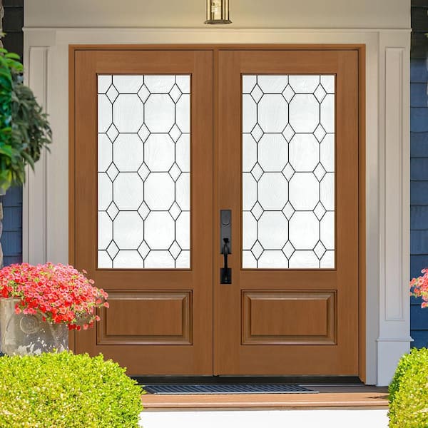 Regency 64 in. x 80 in. 3/4L Marquise Glass RHIS AutumnWht Stain Fiberglass Double Prehung Front Door with 4-9/16 Jamb