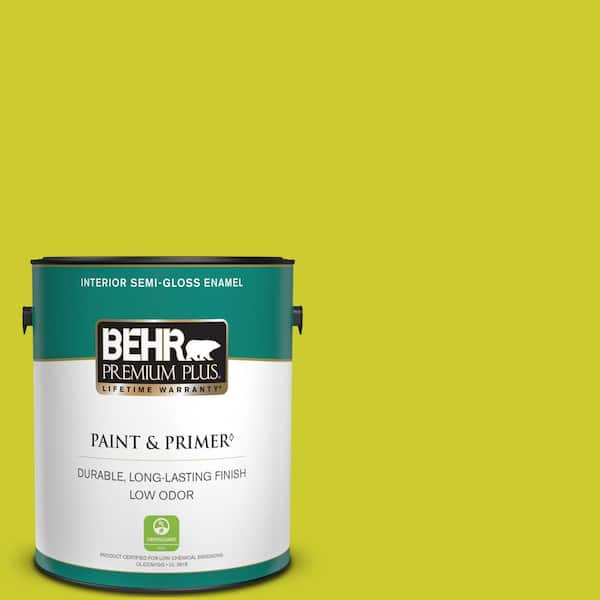 BEHR PREMIUM PLUS 1 gal. #S-G-400 Lime Pop Semi-Gloss Enamel Low Odor Interior Paint & Primer