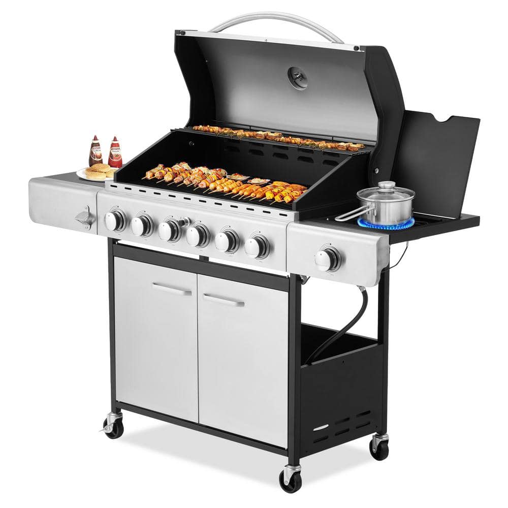 30 in. 6-Burner Charcoal Grill in Gray Propane Gas Grill Flat Top Griddle with Lid