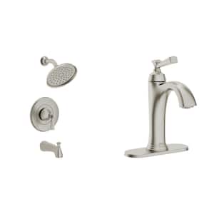 Rumson Single-Hole Bathroom Faucet and Single-Handle 3-Spray Tub and Shower Faucet in Brushed Nickel (Valve Included)