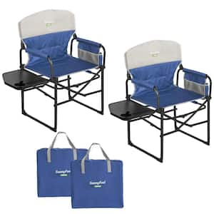 Heavy-Duty Oversized Folding Camping Chair with Side Table and Pocket for Outdoor Fishing Picnic, Blue (2-Pack)