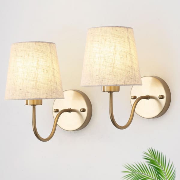 (Set of 2) 10.78 in. 1-Light Brass Rustic Wall Sconce Light with Linen Beige Fabric Shade for Toilet, Hallway, Staircase