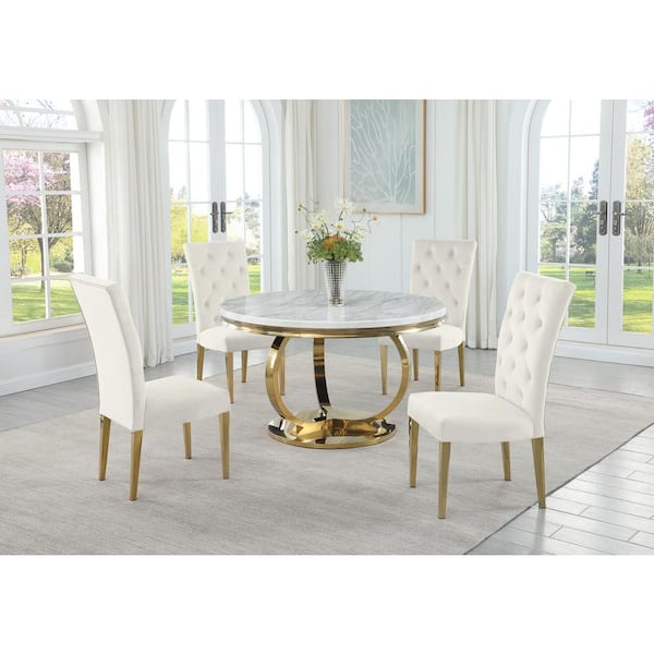 Best Master Furniture Lexington 43.5 in. L Round White Faux Marble Pedestal Dining Table in Gold (Seats 4)