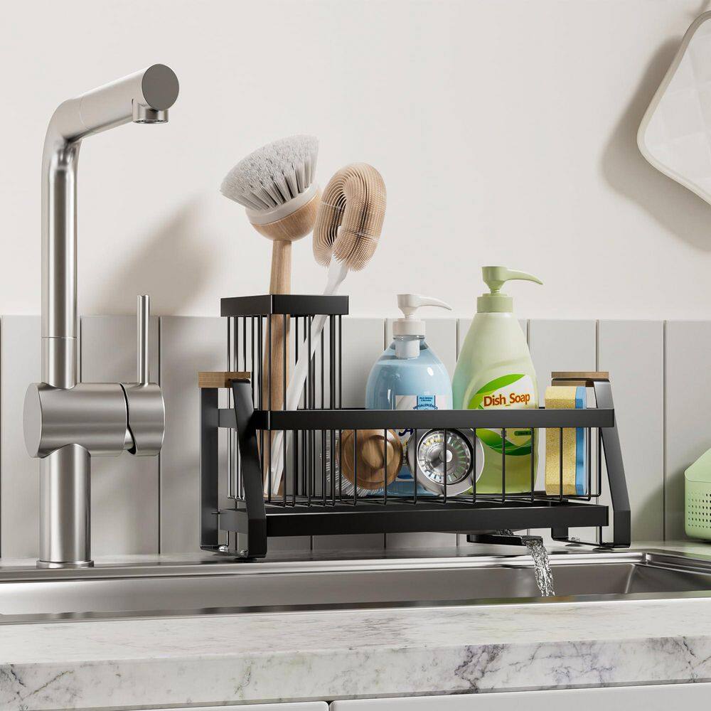 Black Iron Sink Caddy Organizer with Wooden Handle and Self-Draining Tray, for Sink and Bathroom Countertop
