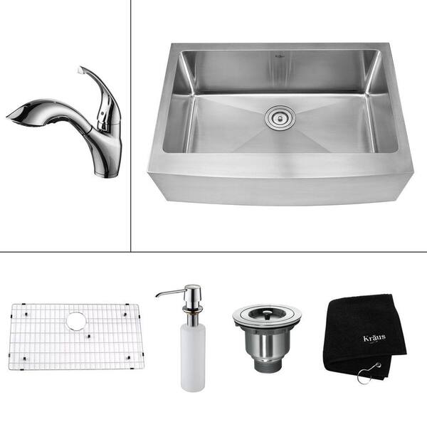 KRAUS All-in-One Farmhouse Apron Front Stainless Steel 32.9 in. 0-Hole Single Bowl Kitchen Sink with Chrome Accessories