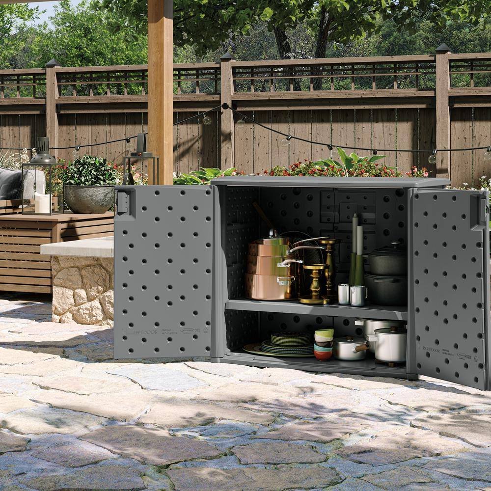 Cool Gray Lockable Wicker Plastic Outdoor 2-Door Cabinet