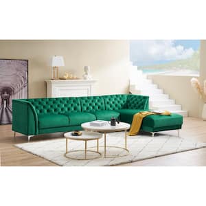 123.4 in. Slope Arm Velvet Chesterfield L-Shaped Corner Sofa in Green with Nail Head and Chaise Longue